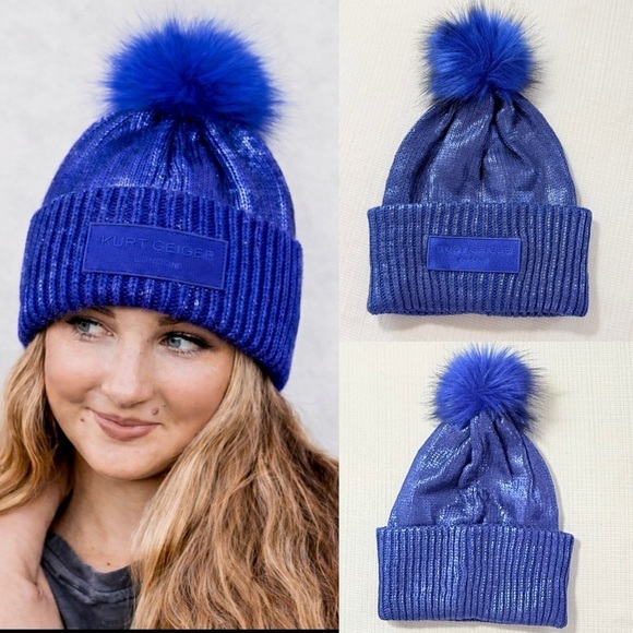 Kurt Geiger Shimmering Blue Pom-Pom Beanie